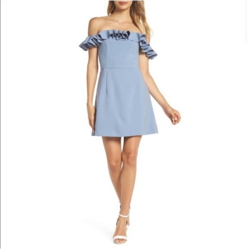 French Connection Size 6 Blue Gray Ruffle Off the Shoulder Dress